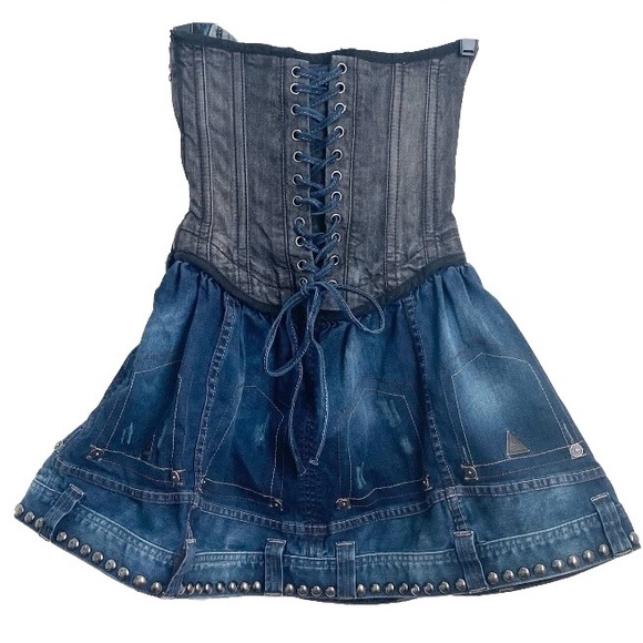 GUESS Project Runway “Natazha” Corset Lace-up Studded Denim Dress Size 1 (XS) - Picture 4 of 16